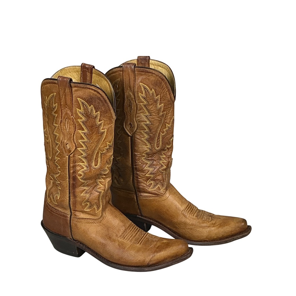 Old West LF1529 Tan Leather Western Cowboy Boots Women 7 Pointed Toe Stitching